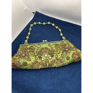Bisou Bisou Green Beaded Clutch Purse With Floral Design Bead Strap evening